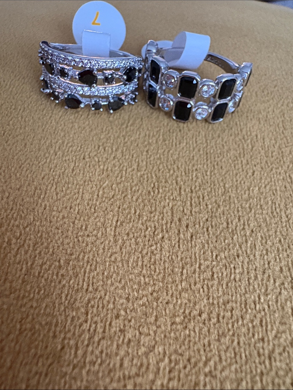 Silver Stretch Rings Set with Black Crystal Accents - Women Jewelry